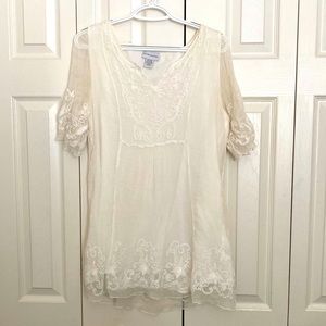 Soft Surroundings Cotton and Silk Top with embroidery trim.